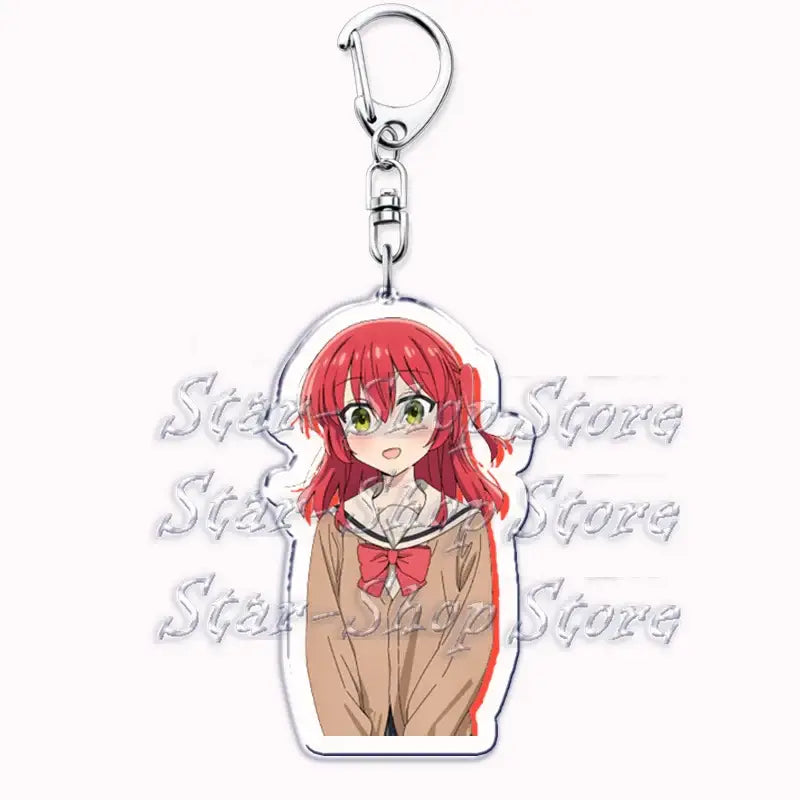 Red-haired hitori gotoh keychain with green eyes in beige school uniform and red bow made of clear acrylic material