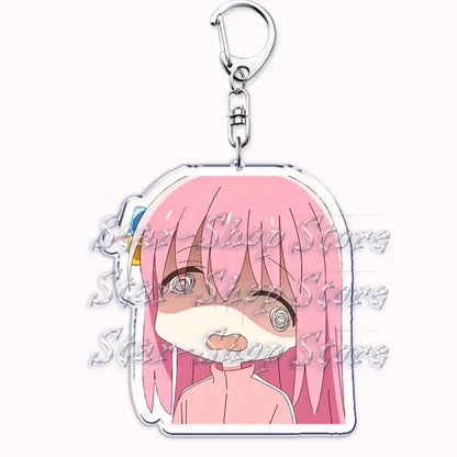 Pink-haired hitori gotoh keychain with clear acrylic body and silver metal clasp from bocchi the rock cartoon series