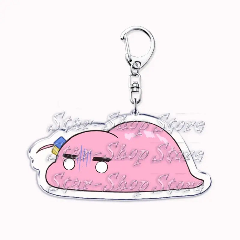 Pink cloud-shaped acrylic keychain with silver clasp featuring hitori gotoh from bocchi the rock cartoon design