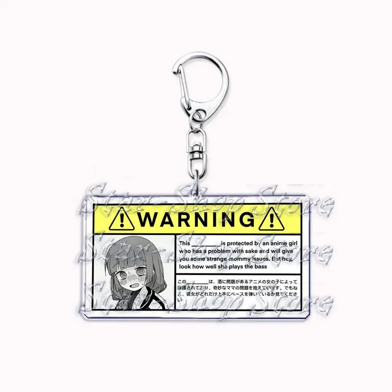 Clear acrylic hitori gotoh keychain with silver clasp featuring anime girl and bilingual warning label design