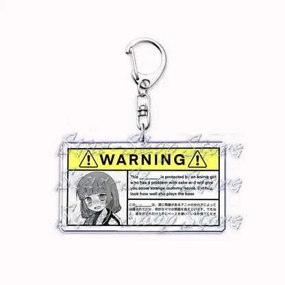 Clear acrylic hitori gotoh keychain with silver clasp featuring anime girl and bilingual warning label design