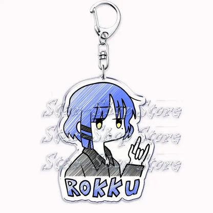 Bocchi the rock hitori gotoh keychain featuring blue-haired acrylic charm with silver metal clip and rokku text at bottom