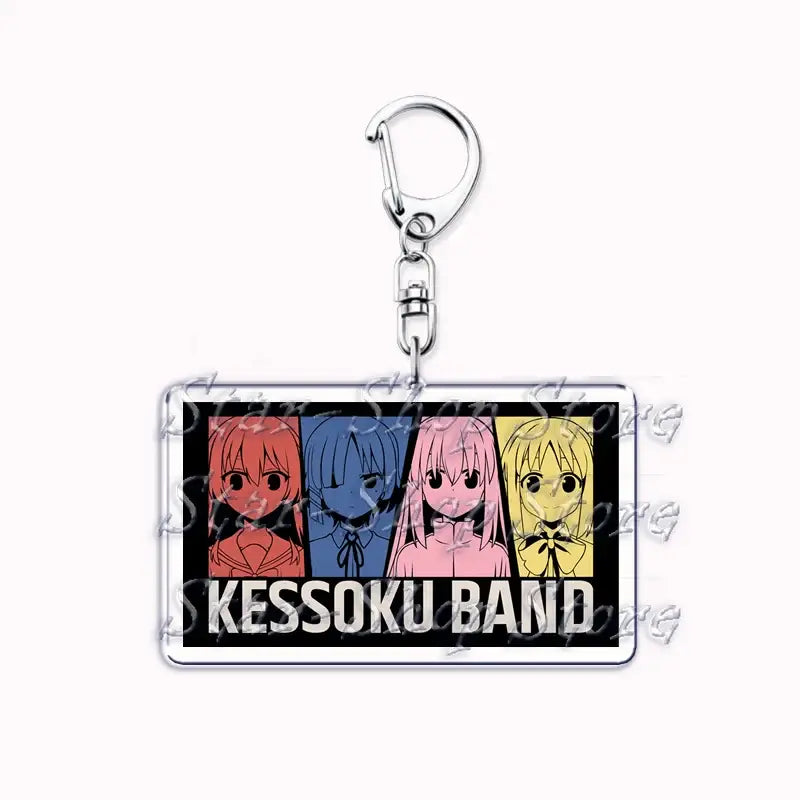 Clear acrylic rectangular keychain featuring hitori gotoh and kessoku band anime characters with silver clasp