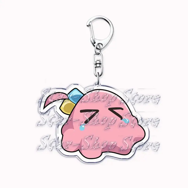 Pink cloud-shaped acrylic keychain featuring hitori gotoh cartoon character with closed eyes and colorful bow