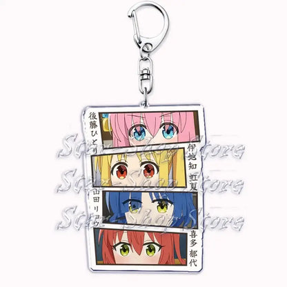Clear acrylic hitori gotoh keychain featuring four anime faces with distinct colored hair and eyes in vertical panels