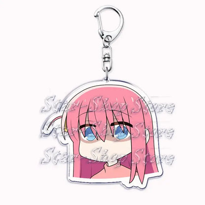 Pink-haired hitori gotoh keychain with blue eyes purple collar made of clear acrylic from bocchi the rock cartoon series