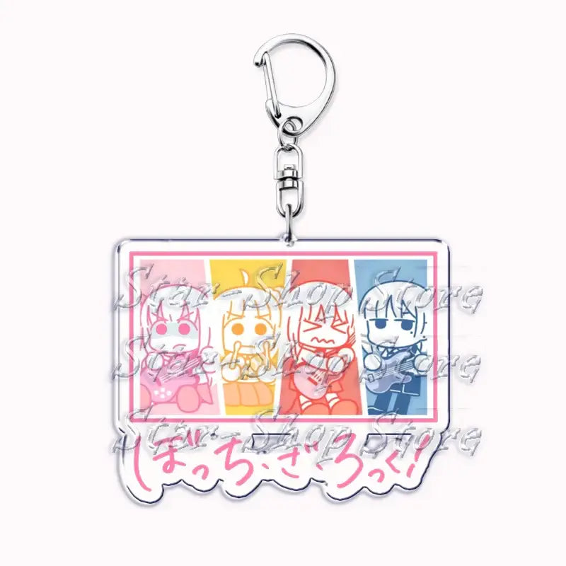 Clear acrylic bocchi the rock keychain with colorful chibi anime panels featuring hitori gotoh and silver clasp