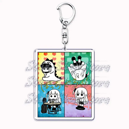 Square acrylic keychain featuring four colorful panels with k-on cartoon characters highlighting hitori gotoh design