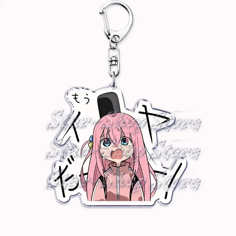 Pink-haired hitori gotoh keychain with black top hat silver metal clip acrylic cartoon accessory from bocchi the rock