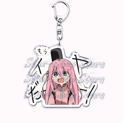 Pink-haired hitori gotoh keychain with black top hat silver metal clip acrylic cartoon accessory from bocchi the rock