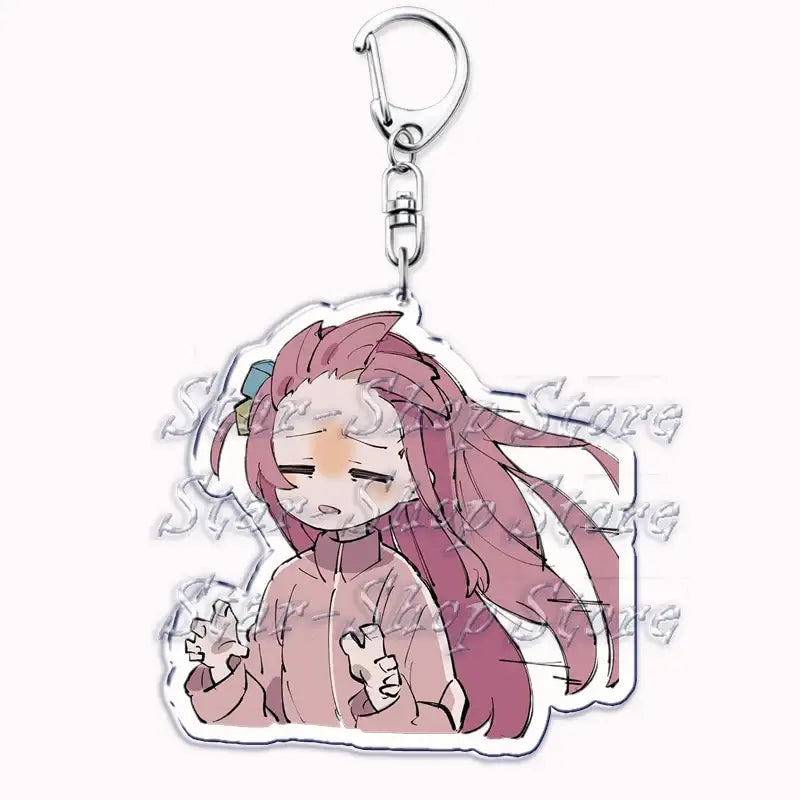 Pink-haired hitori gotoh keychain with transparent acrylic body and silver metal clip from bocchi the rock cartoon acrylic