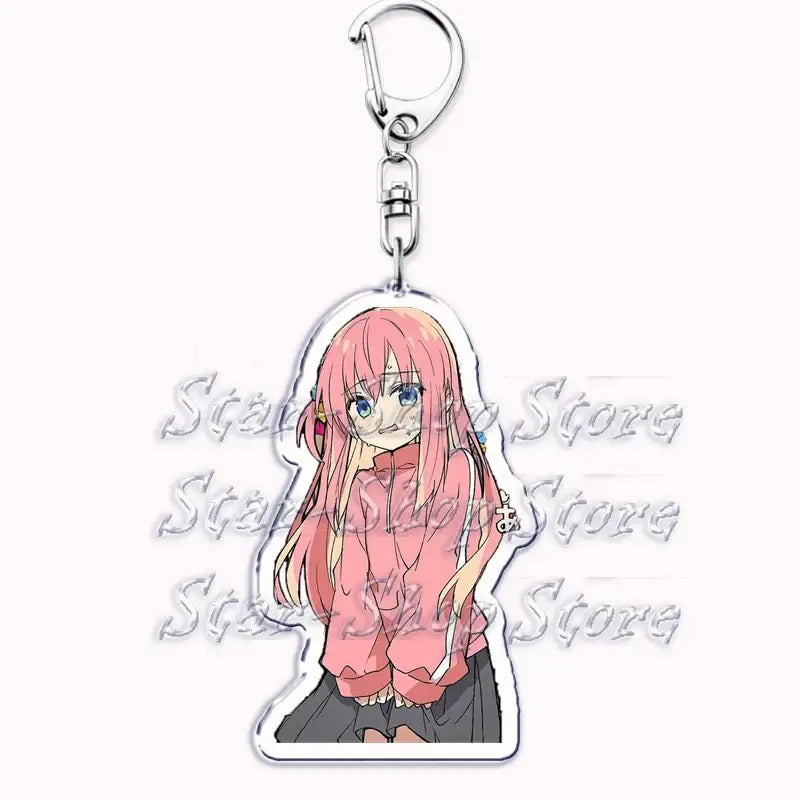 Pink-haired hitori gotoh keychain with clear acrylic body and silver metal clasp from bocchi the rock cartoon acrylic series