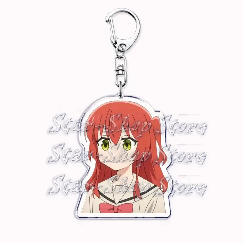 Clear acrylic keychain featuring hitori gotoh with vibrant red hair and green eyes in a white uniform with pink bow