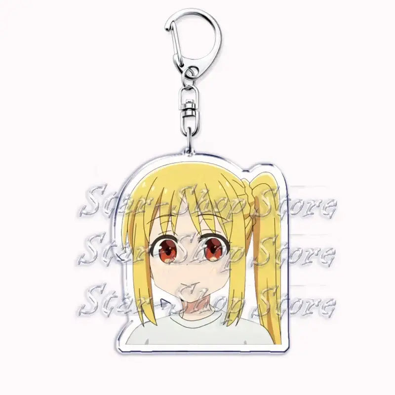 Clear acrylic hitori gotoh keychain featuring a cartoon character with blonde pigtails and red eyes from bocchi the rock