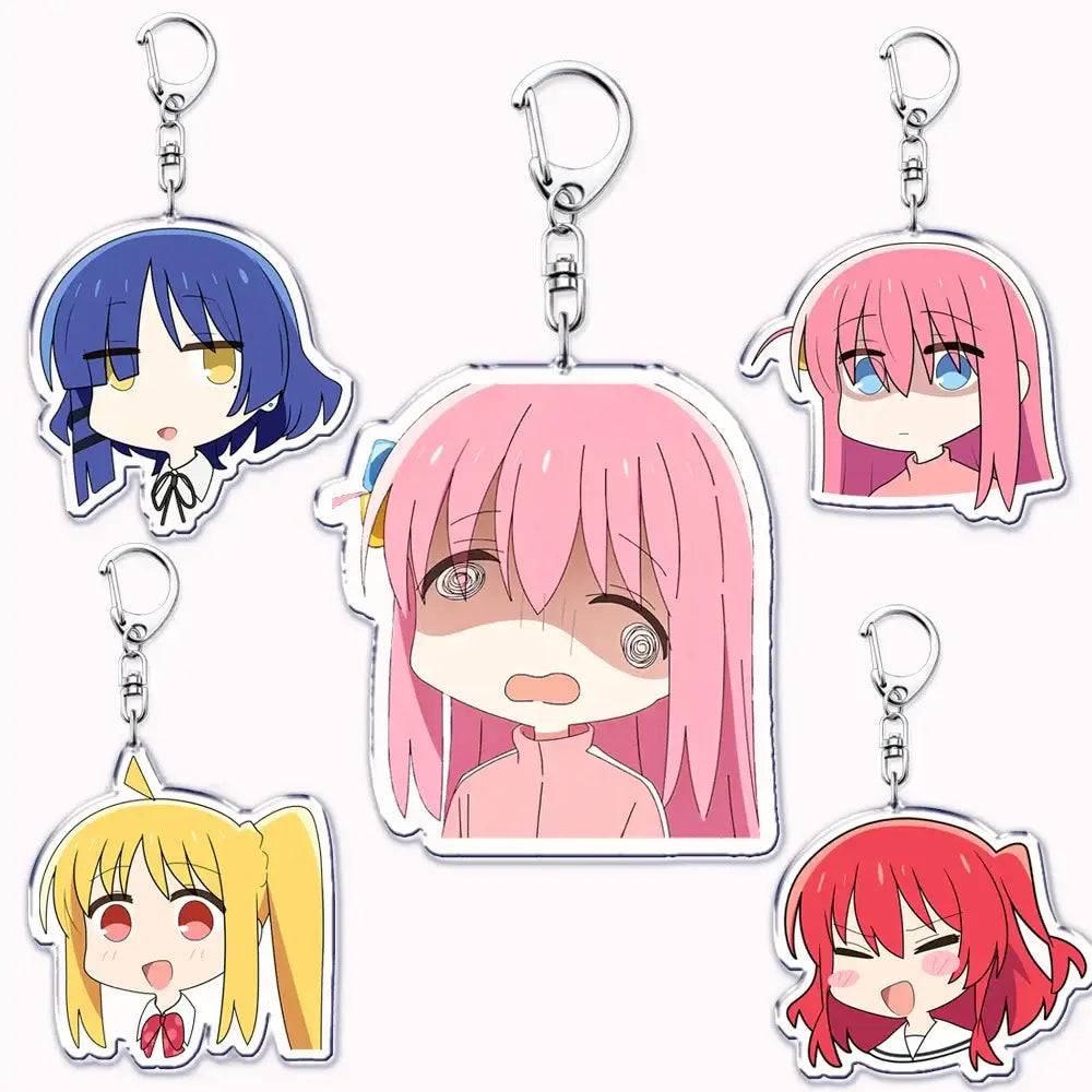 Clear acrylic keychain featuring chibi hitori gotoh from bocchi the rock with colorful hair and silver metal clip