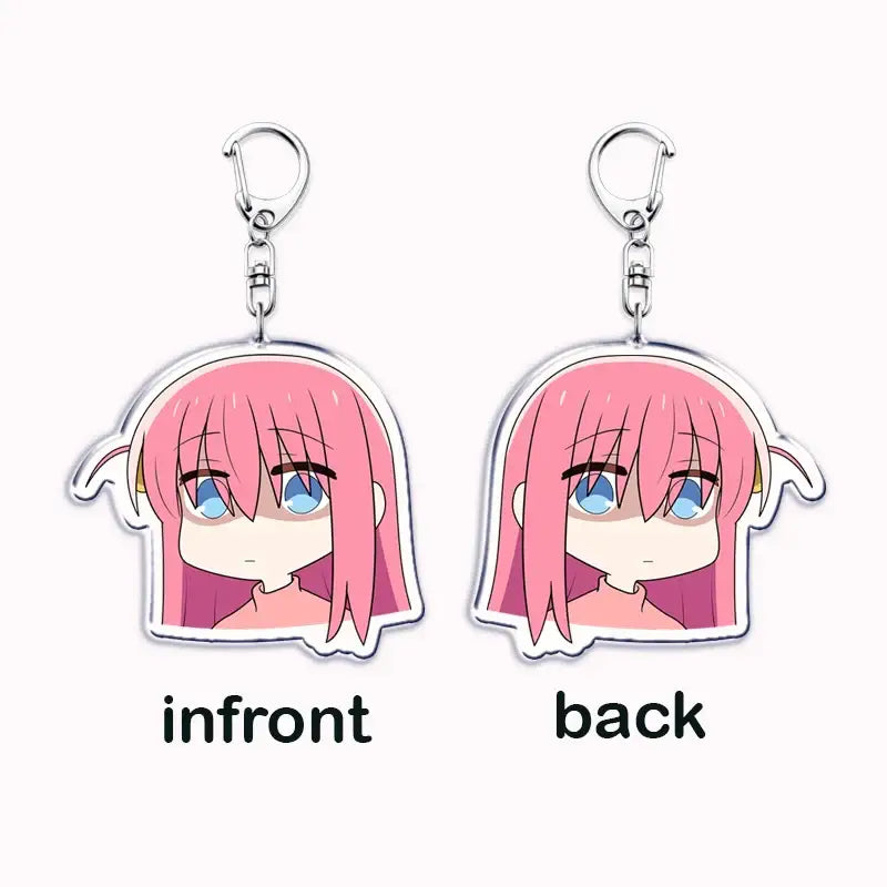 Pink-haired hitori gotoh acrylic keychain from bocchi the rock with blue eyes and white outline cartoon design