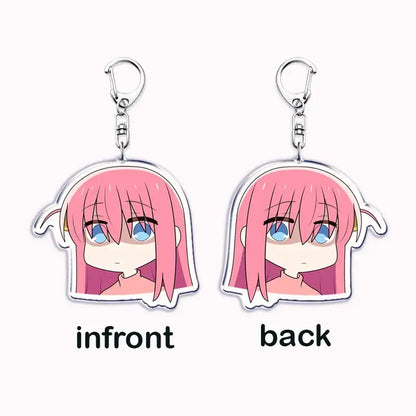 Pink-haired hitori gotoh acrylic keychain from bocchi the rock with blue eyes and white outline cartoon design