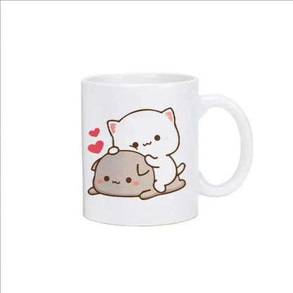 White ceramic bubu dudu panda bear christmas mug with cute cartoon cat and puppy hugging with red hearts