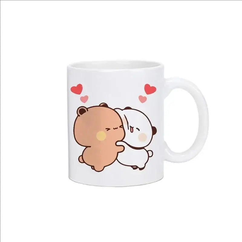 White ceramic bubu dudu panda bear christmas mug with cute hugging cartoon bears and red hearts design