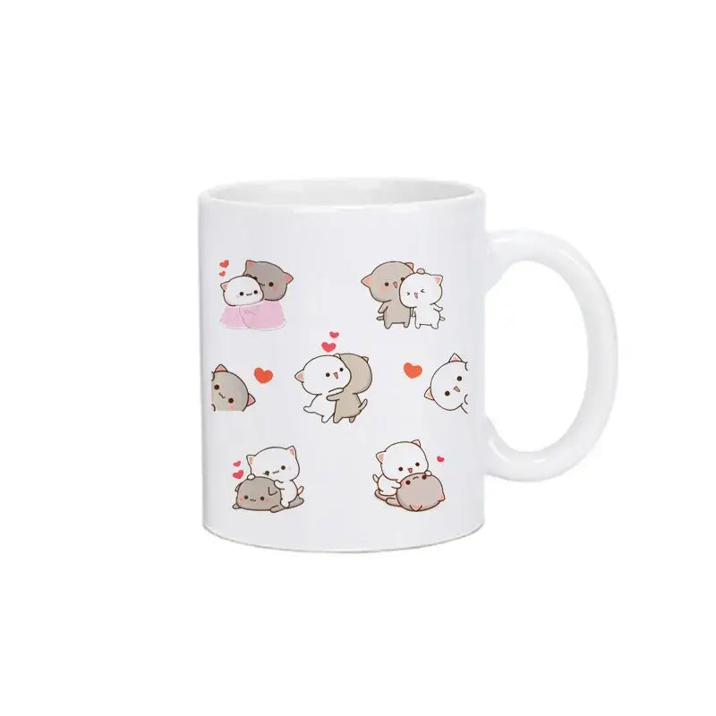 White ceramic bubu dudu panda bear christmas mug with cute pastel cartoon cats in affectionate poses kawaii cup