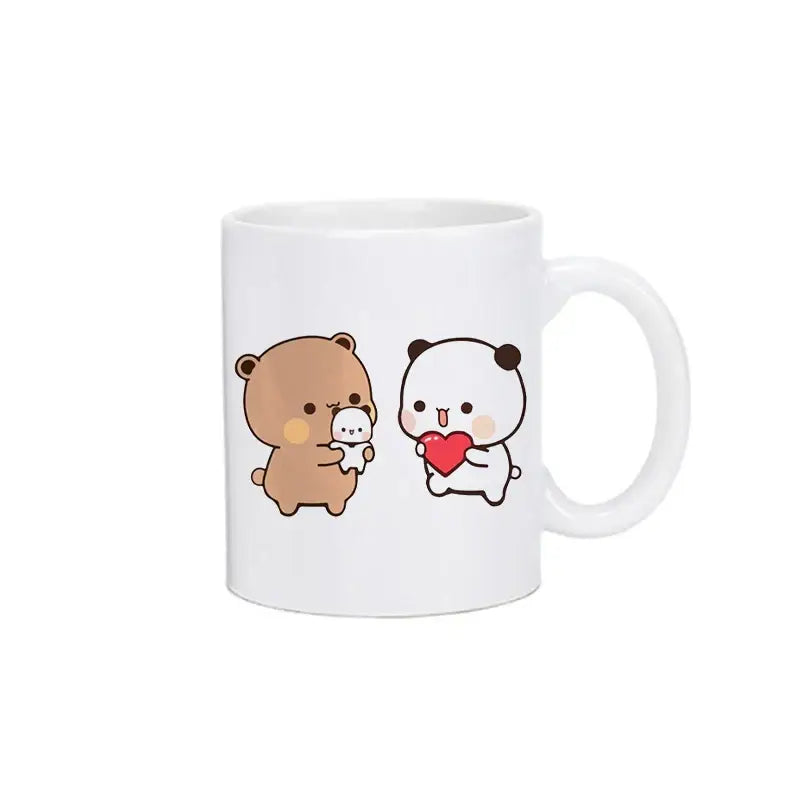 White ceramic bubu dudu panda bear christmas mug with cute kawaii illustration of two bears holding hearts