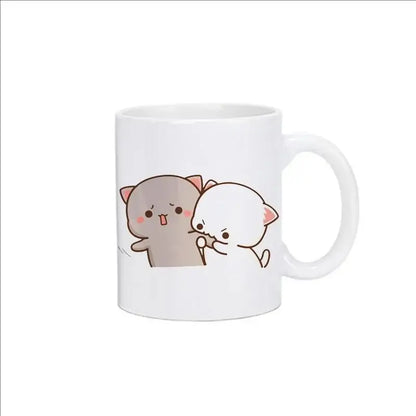 White ceramic bubu dudu panda bear christmas mug with cute gray and white cat cartoon illustration