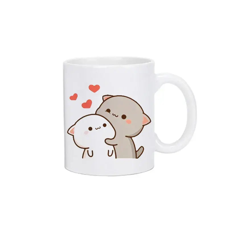 White ceramic bubu dudu panda mug featuring a cute gray and white cartoon cat illustration with red hearts