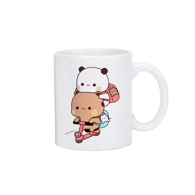 White ceramic mug featuring bubu dudu panda bear cartoon of two pandas riding a scooter kawaii cup