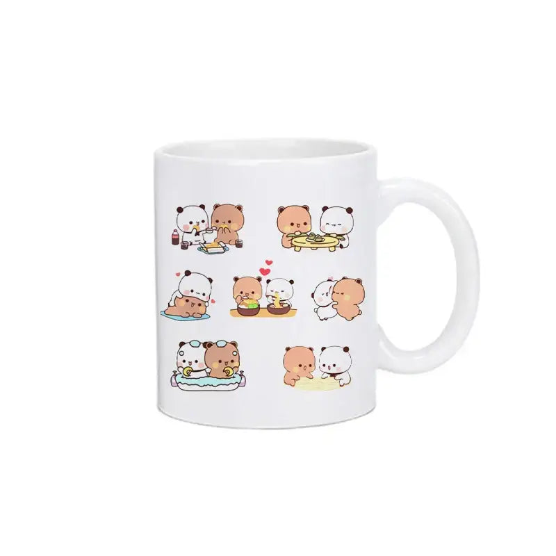 White ceramic mug featuring a kawaii bubu dudu panda and bear grid design in affectionate poses for christmas use