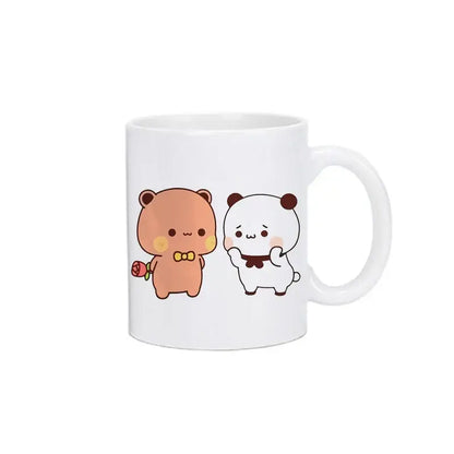 White ceramic bubu dudu panda bear christmas mug with cute brown bear and white panda kawaii illustration