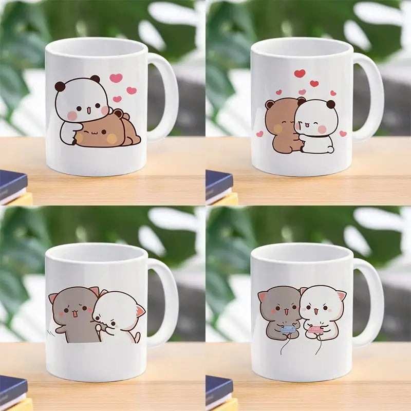 White ceramic bubu dudu panda bear christmas mug with cute cartoon animal designs pink hearts and playful expressions