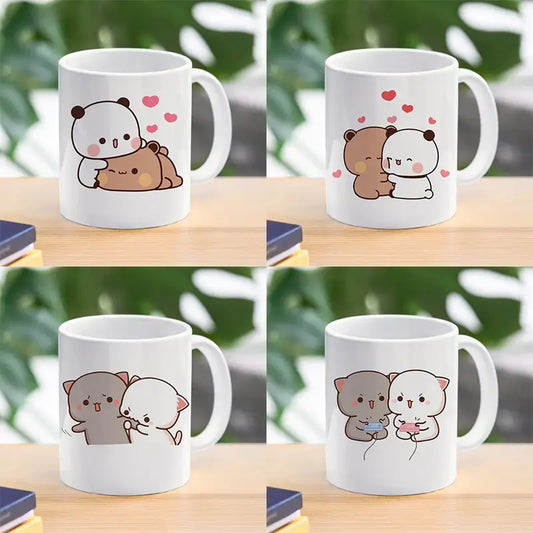 White ceramic bubu dudu panda bear christmas mug with cute cartoon animal designs pink hearts and playful expressions