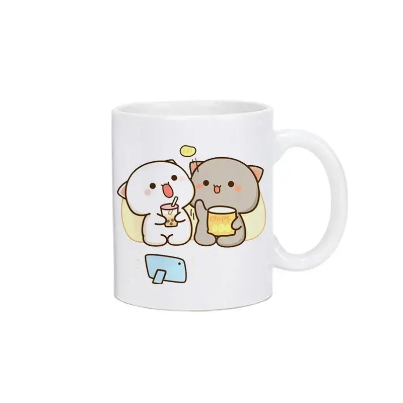 White ceramic bubu dudu panda bear christmas mug featuring kawaii cartoon cats enjoying drinks illustration