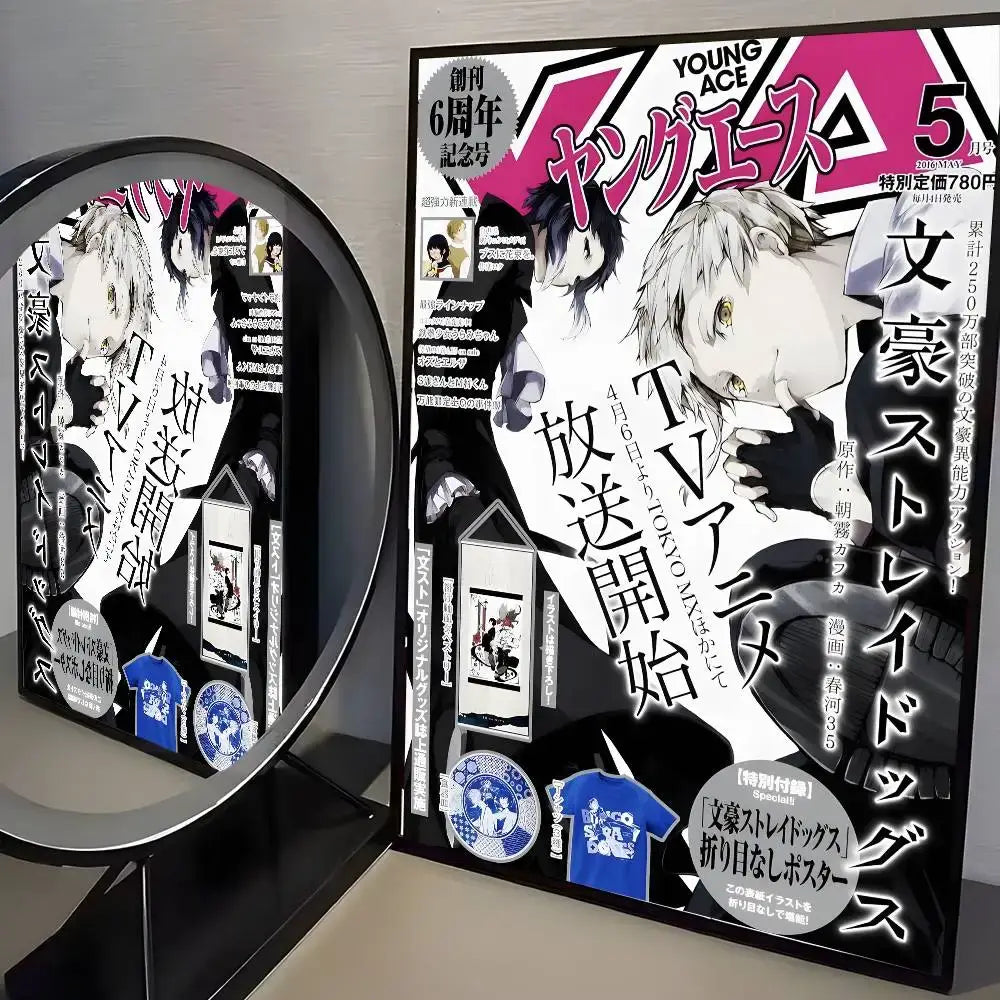 Black and white anime magazine with pink accents featuring bungo stray dogs dazai illustration for wall art poster