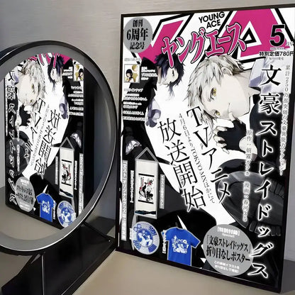 Black and white anime magazine with pink accents featuring bungo stray dogs dazai illustration for wall art poster