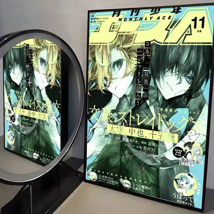 Monthly ace manga november issue featuring bungo stray dogs anime-style poster with two characters in dark green and black attire