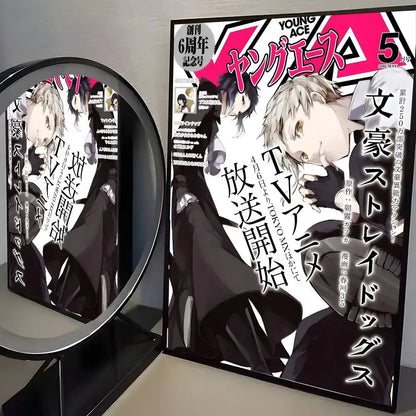 Bungo Stray Dogs dazai vintage poster wall art in black and white with bold pink text shown with mirror reflection