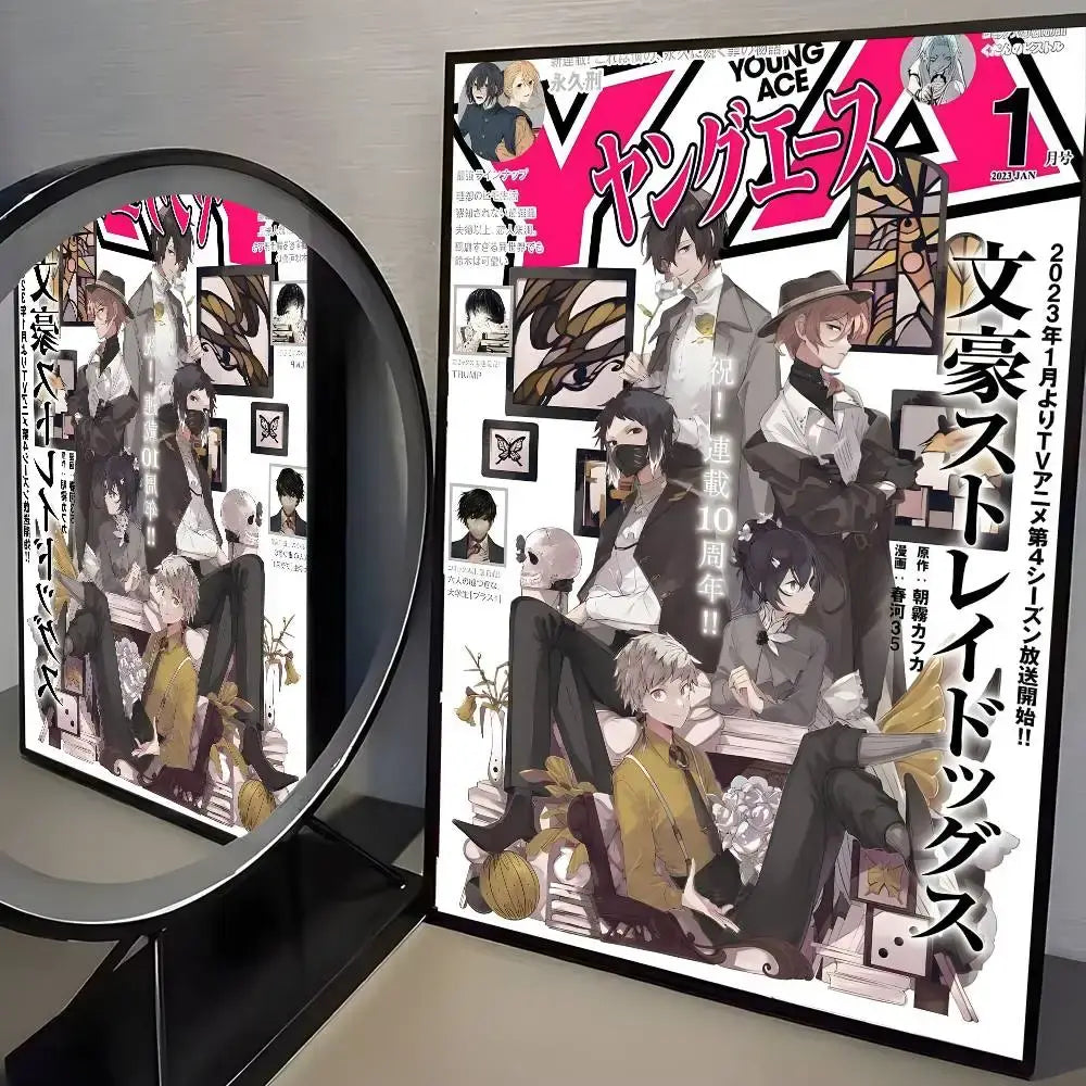 A framed bungo stray dogs vintage poster with vibrant pink and black design featuring characters in formal attire wall art