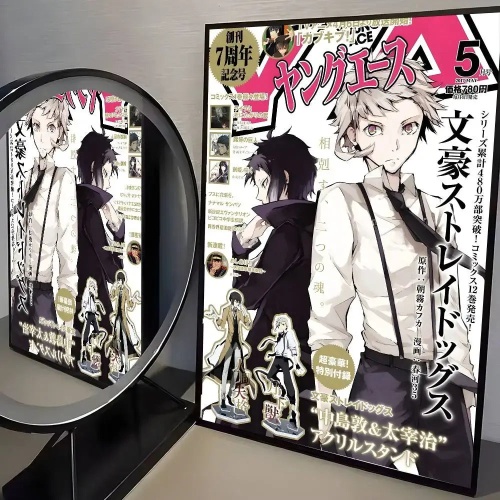 The bungo stray dogs dazai vintage poster features a vibrant pink and white anime design with bold black japanese text