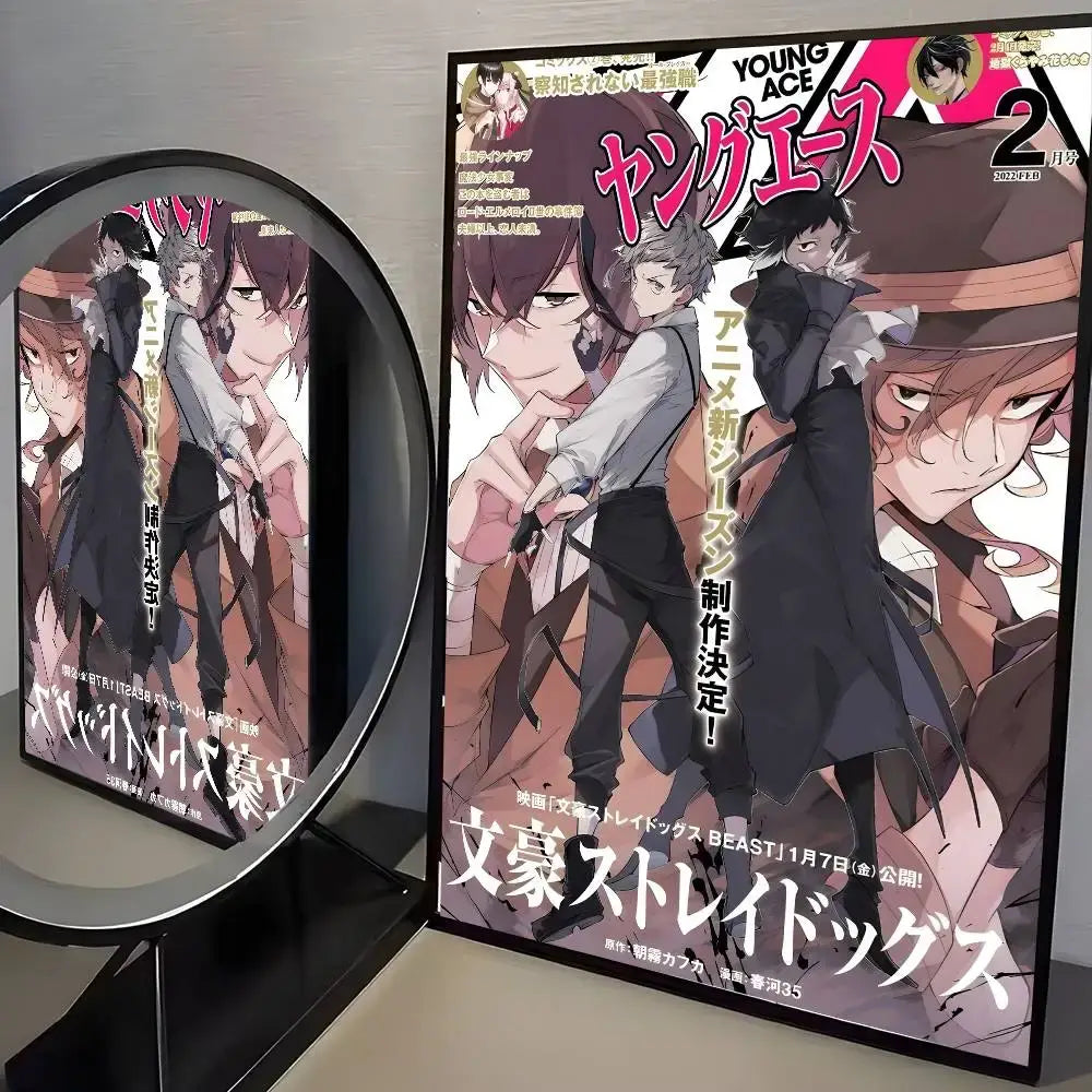 A framed bungo stray dogs vintage poster featuring anime characters in dark coats and hats with pink and white text