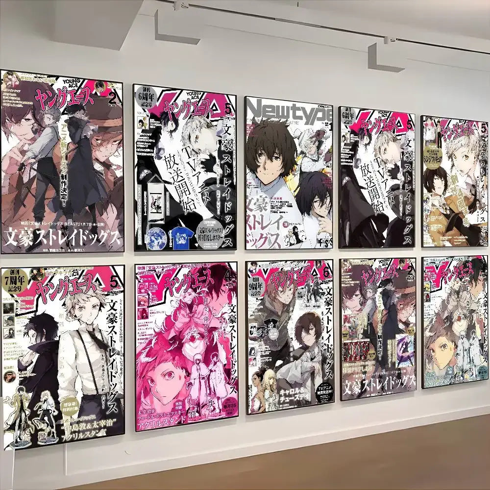 A collection of framed anime magazine covers featuring vibrant bungo stray dogs wall art with dynamic illustrations