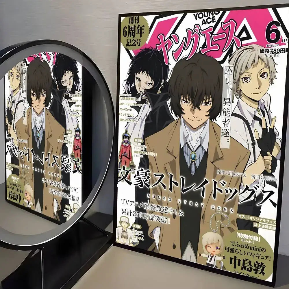 Bungo stray dogs dazai vintage poster featuring brown coats and black attire on vibrant pink background wall art