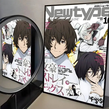 The october 2023 newtype magazine cover bungo stray dogs dazai vintage poster with bold black white and pink wall art