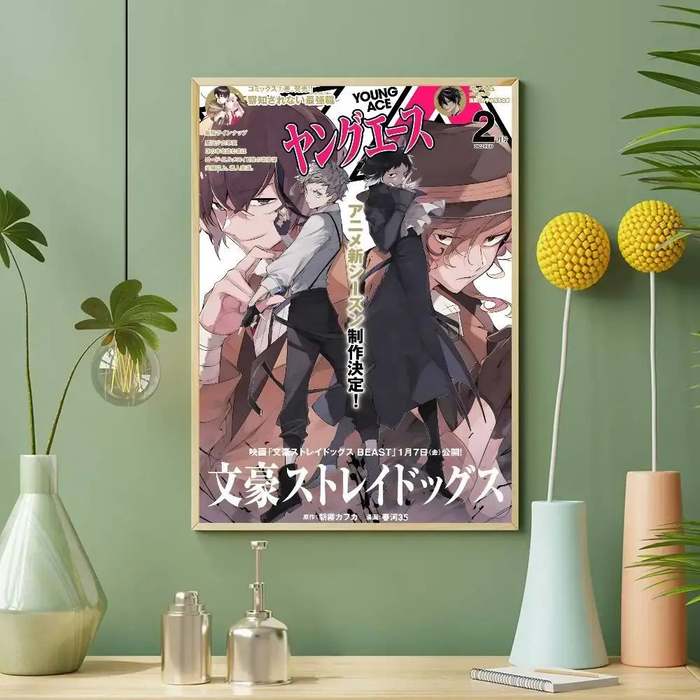 A framed bungo stray dogs dazai vintage poster with vibrant bold colors and dynamic anime artwork from young ace magazine