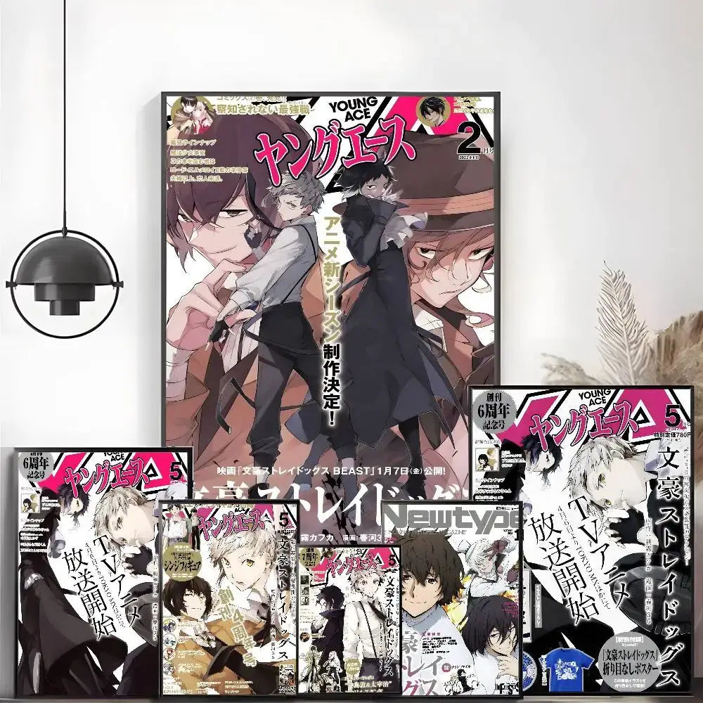 A framed bungo stray dogs vintage poster with vibrant anime artwork and bold pink and black text glossy wall art