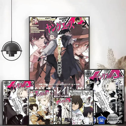 A framed bungo stray dogs vintage poster with vibrant anime artwork and bold pink and black text glossy wall art