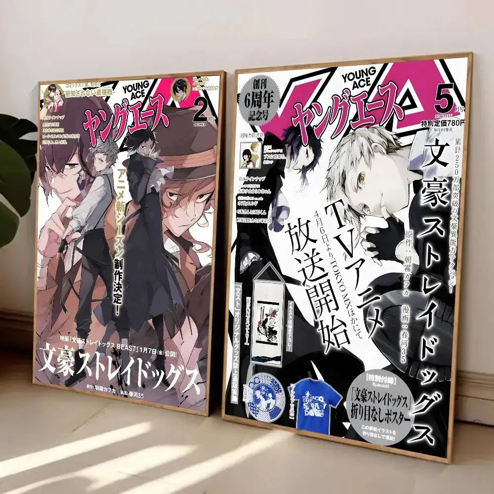 Two framed bungo stray dogs vintage posters with bold black white and pink anime-style artwork for wall decoration