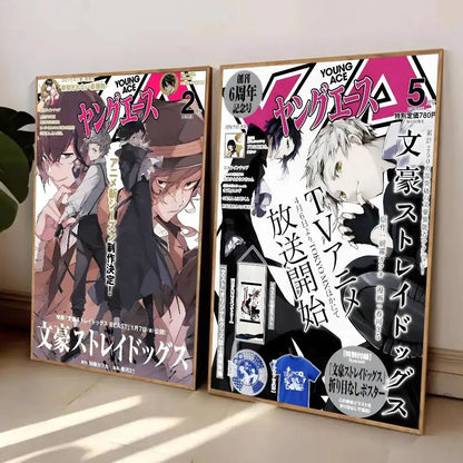 Two framed bungo stray dogs vintage posters with bold black white and pink anime-style artwork for wall decoration
