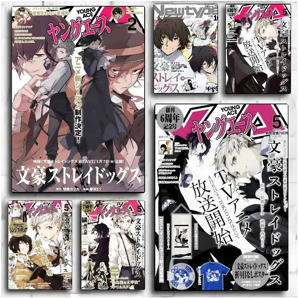Young ace magazine covers featuring bold pink and black anime-style bungo stray dogs wall art poster