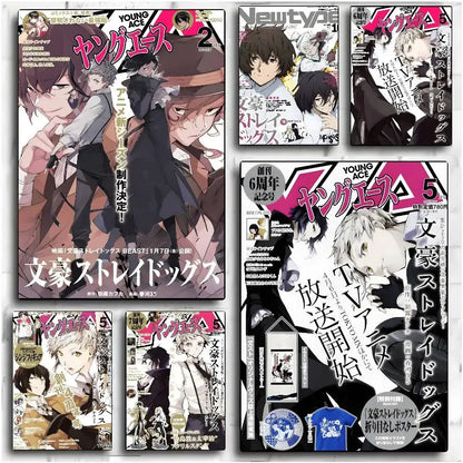 Young ace magazine covers featuring bold pink and black anime-style bungo stray dogs wall art poster
